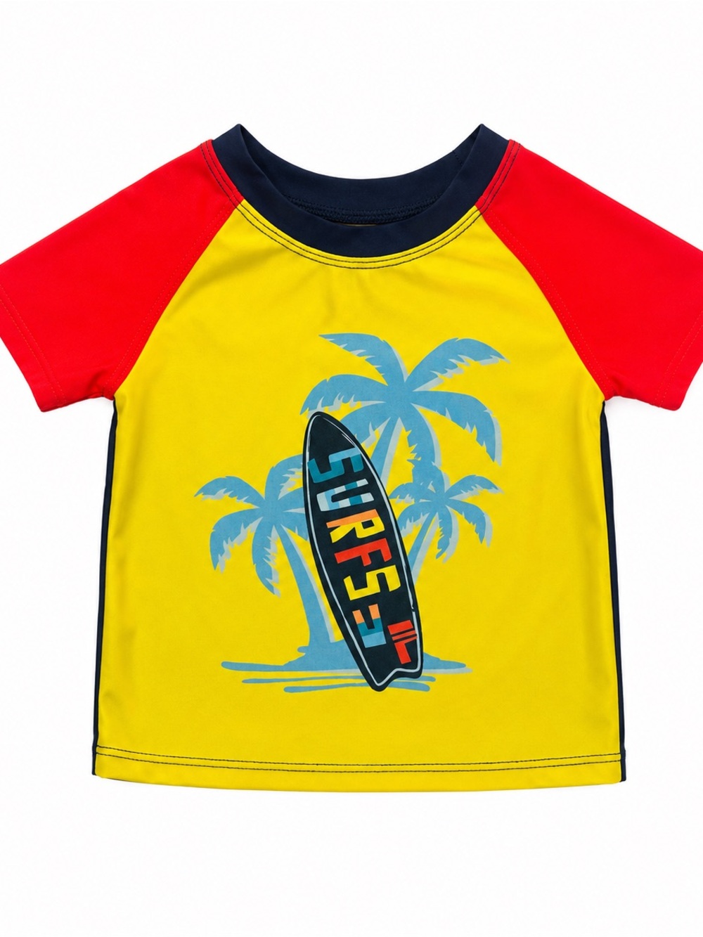 Yellow Rash Guard with Red Sleeves and Blue Palm Surf Graphic